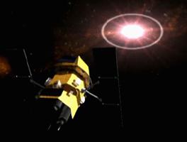 Still from animation showing the Swift satellite turning towards a gamma ray burst to track its movement.