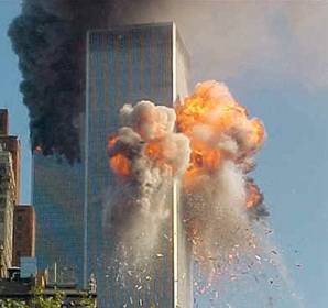 New York twin towers burning from the September 11, 2001 terrorist attack.