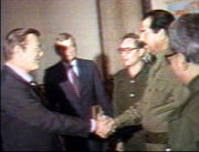 Donald Rumsfeld meeting Saddām on 19 December  20 December 1983. Rumsfeld visited again on 24 March 1984; the same day the UN released a report that Iraq had used mustard and Tabun nerve gas against Iranian troops.  The NY Times reported from Baghdad on 29 March 1984, that "American diplomats pronounce themselves satisfied with Iraq and the U.S., and suggest that normal diplomatic ties have been established in all but name." NSA Archive Source 
