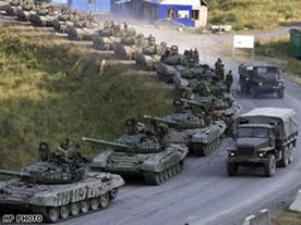 A convoy of Russia tanks moves in the direction of Russia's North Ossetia on Saturday.