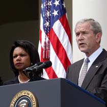U.S. President George W. Bush makes a statement on the situation in Georgia with Secretary of State Condoleezza Rice in the Rose Garden at the White House in Washington. Bush, expressing his concern over Russia's military actions against neighbouring Georgia, said he is sending Rice to Tbilisi to show U.S. support for the Georgian government.